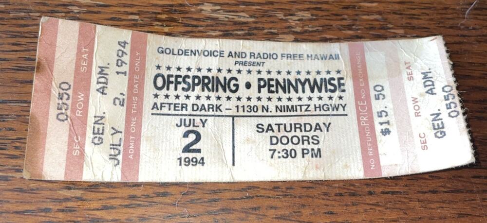 Offspring Pennywise July 1994 Ticket Stub Nimitz Highway Honolulu Vintage 15.50